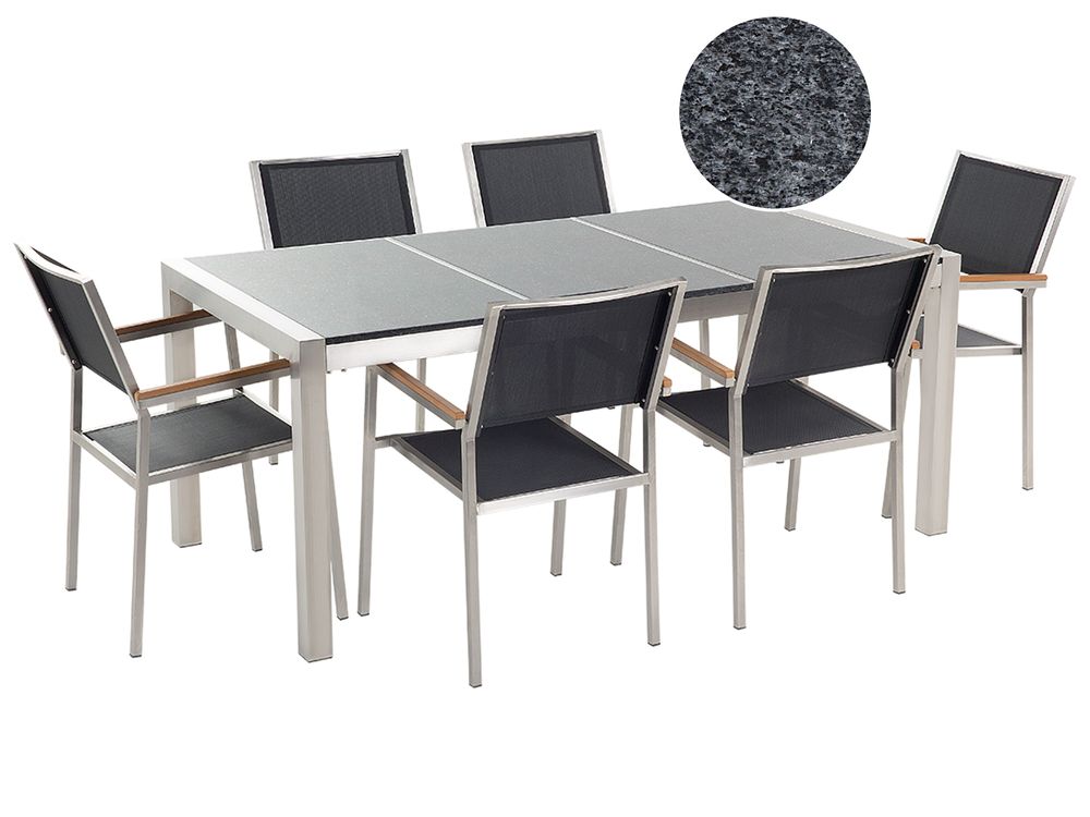 Garden Dining Set 6 Seater GROSSETO Triple Plate Granite Polished Black/ Grey