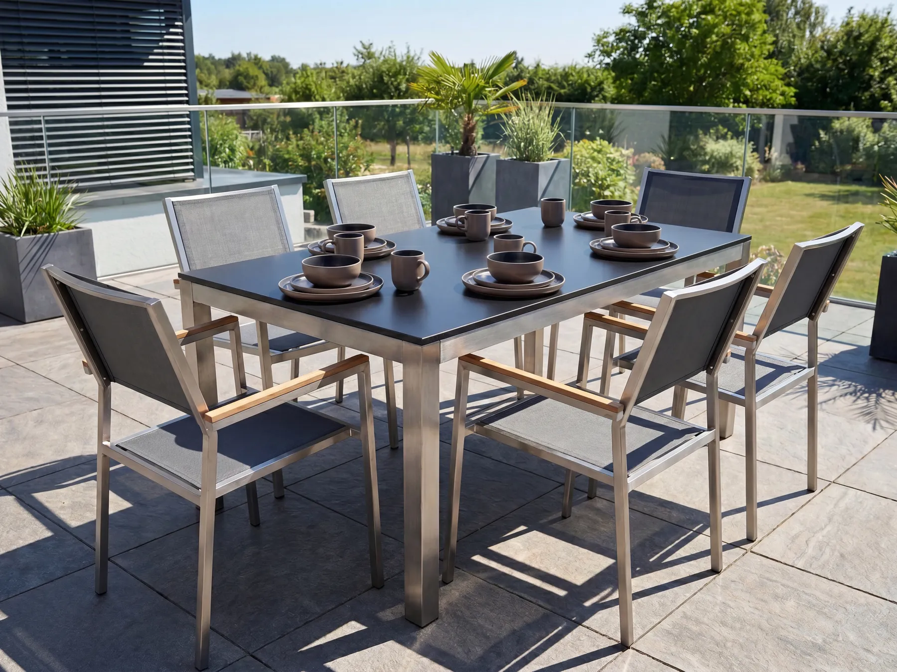 Garden Dining Set 6 Seater GROSSETO Tempered Glass Grey/ Black_677257