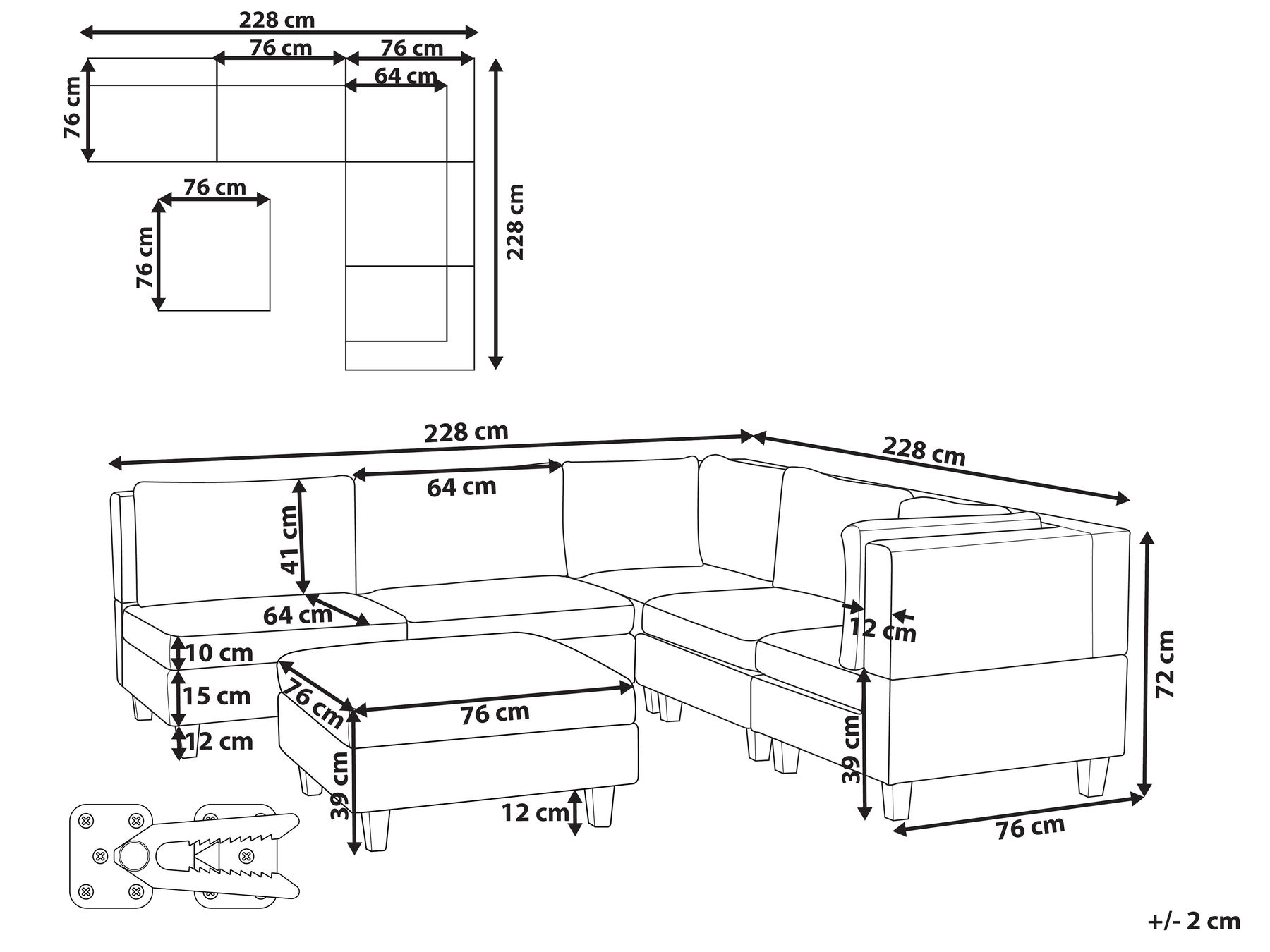 5 Seater Left Hand Modular Fabric Corner Sofa with Ottoman White UNSTAD_925166