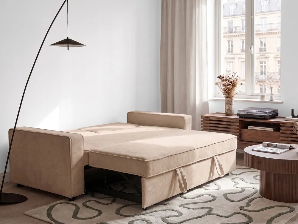 Sofa Bed 2 Seater UTTELA Fabric Light Brown_1079446