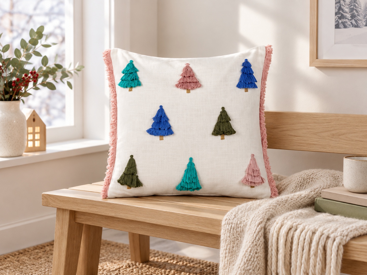Coussin SKIMMIA 45 x 45 cm Coton Blanc Motif de Noël