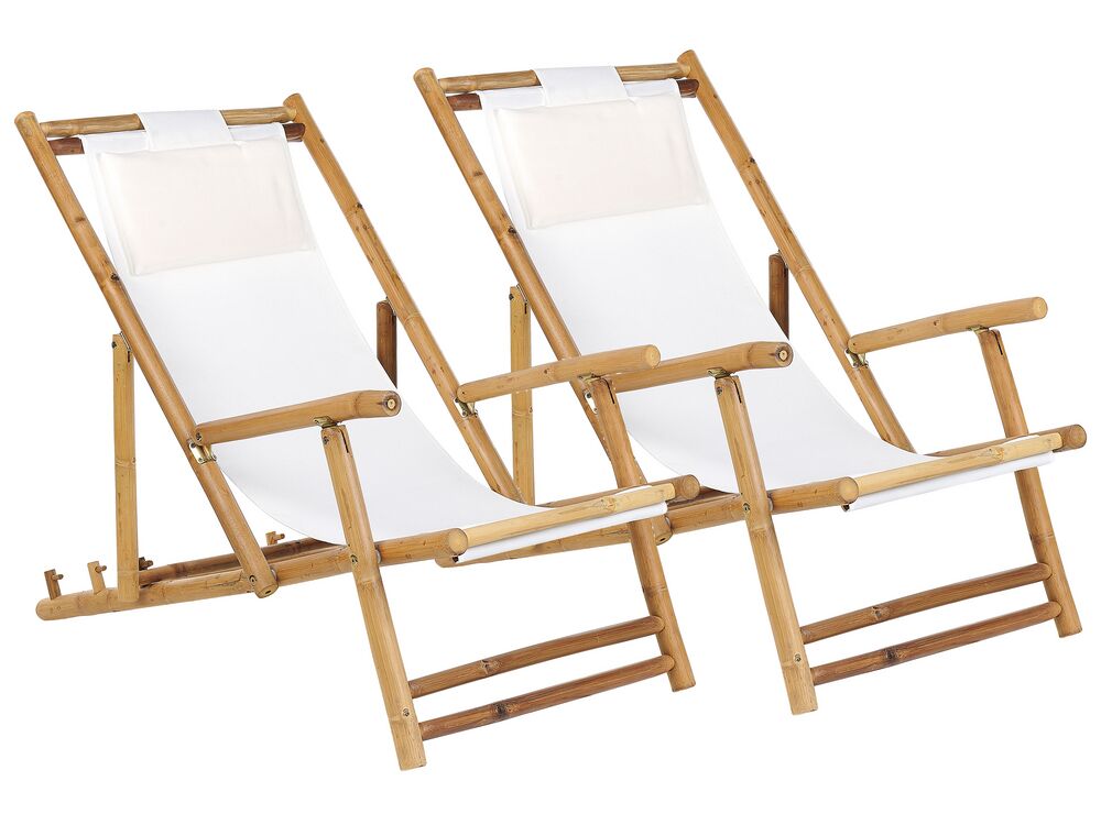 Set of 2 Bamboo Sun Loungers Light Wood and Off White ATRANI Beliani