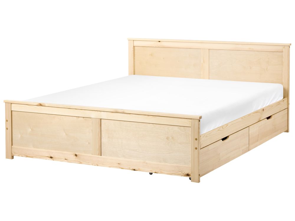 Bed with 2 Drawers DAUPHIN Pine Wood Light Brown 160 x 200 cm (EU King Size)