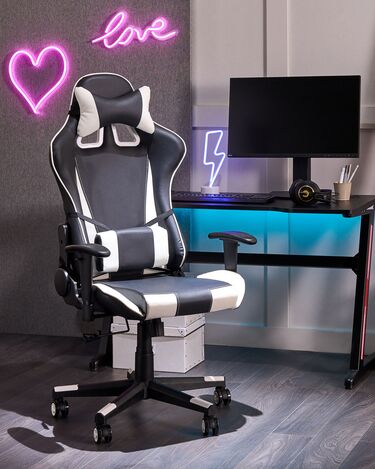 Faux Leather Reclining Office Chair Black with White GAMER