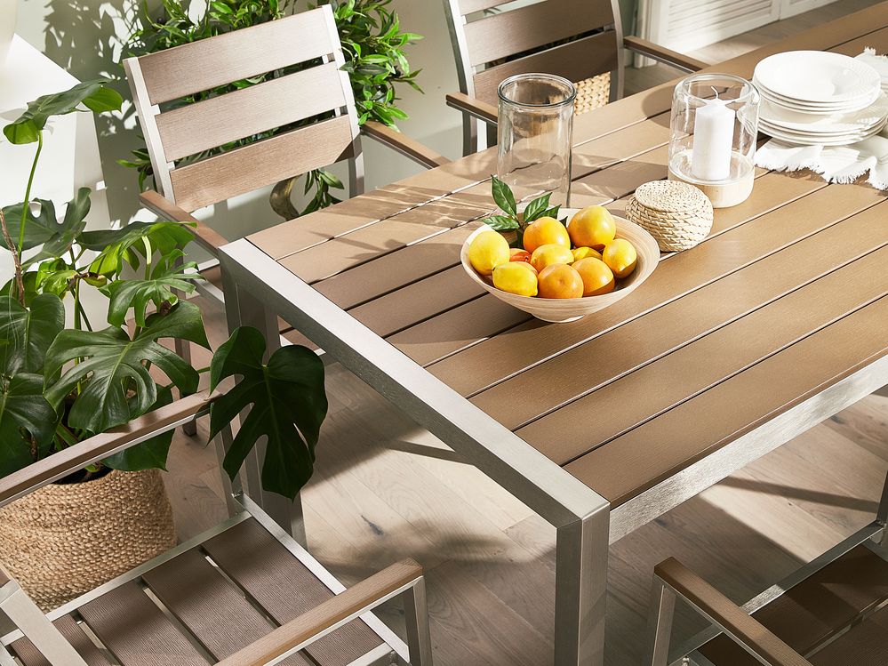 6 Seater Aluminium Garden Dining Set Light Wood and Silver VERNIO Beliani