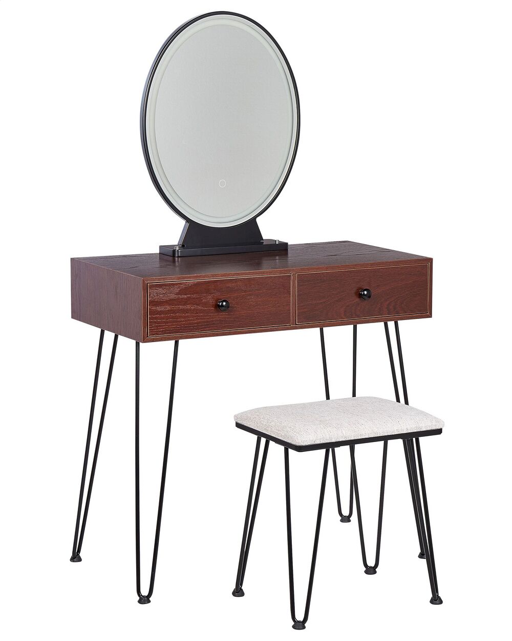 2 Drawers Dressing Table with LED Mirror and Stool Dark Wood and Black LOIX Beliani