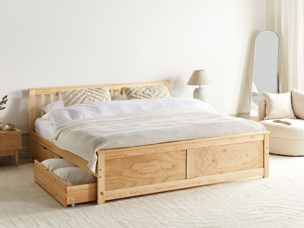 Lit avec 2 tiroirs OLENDON Bois de pin Marron clair 160 x 200 cm