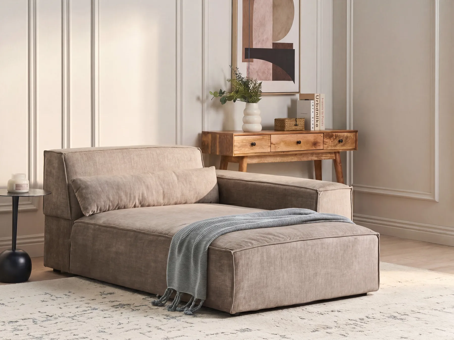 Left-Hand Chaise Longue HELLNAR Fabric Light Brown_912181