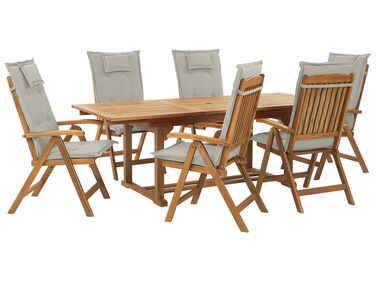 Conjunto de jardín de madera de acacia con 6 sillas y cojines gris pardo JAVA