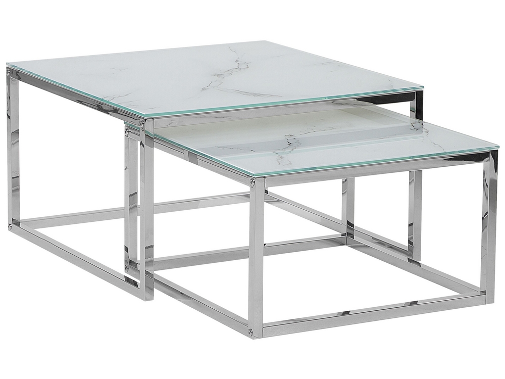 Nest of 2 Tables Marble Effect White with Silver BREA Beliani.cz