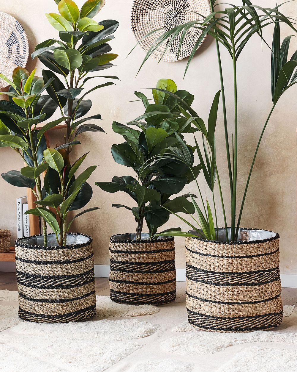 Set of 3 Plant Pots RASBORA Wicker 35 31 27 cm Light Wood Black Beliani
