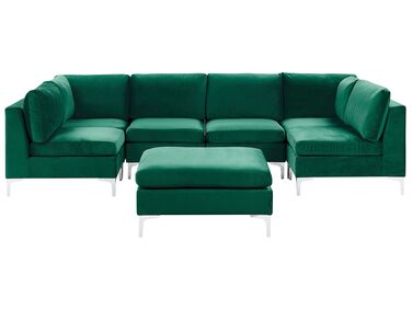 Sofá em formato de U com 6 lugares em veludo verde e repousa-pés EVJA