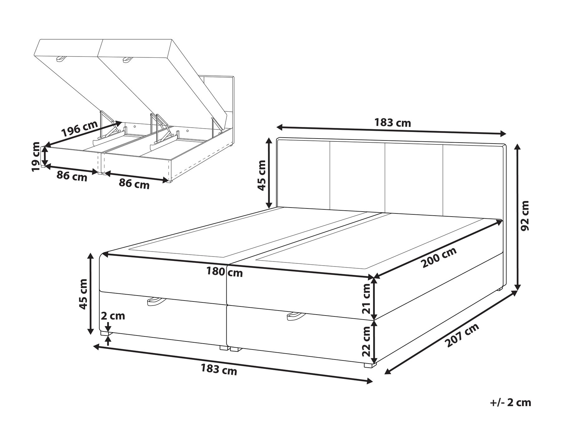 Divan Bed with Storage BARONET Fabric Off-White 180 x 200 cm (EU Super King)_1004552