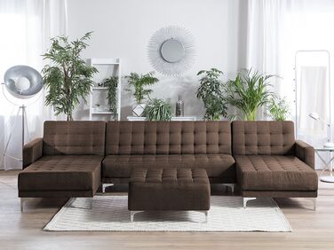 5 Seater U-Shaped Modular Fabric Sofa with Ottoman Brown ABERDEEN