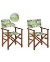 Set of 2 Acacia Folding Chairs and 2 Replacement Fabrics Dark Wood with Off-White / Tropical Leaves Pattern CINE_819070