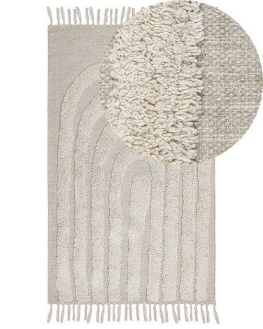 Teppich Baumwolle hellbeige 80 x 150 cm geometrisches Muster Fransen Kurzflor HAKKARI