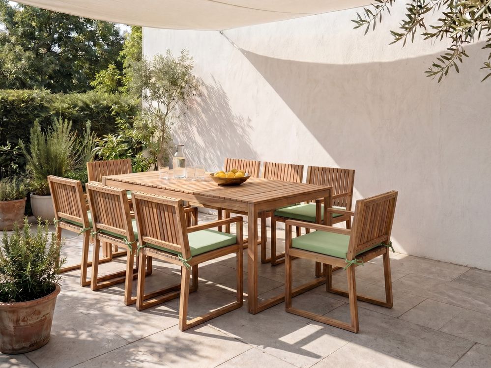 Set da pranzo da giardino 8 posti SASSARI PREMIUM con cuscini Legno di acacia certificato Verde chiaro