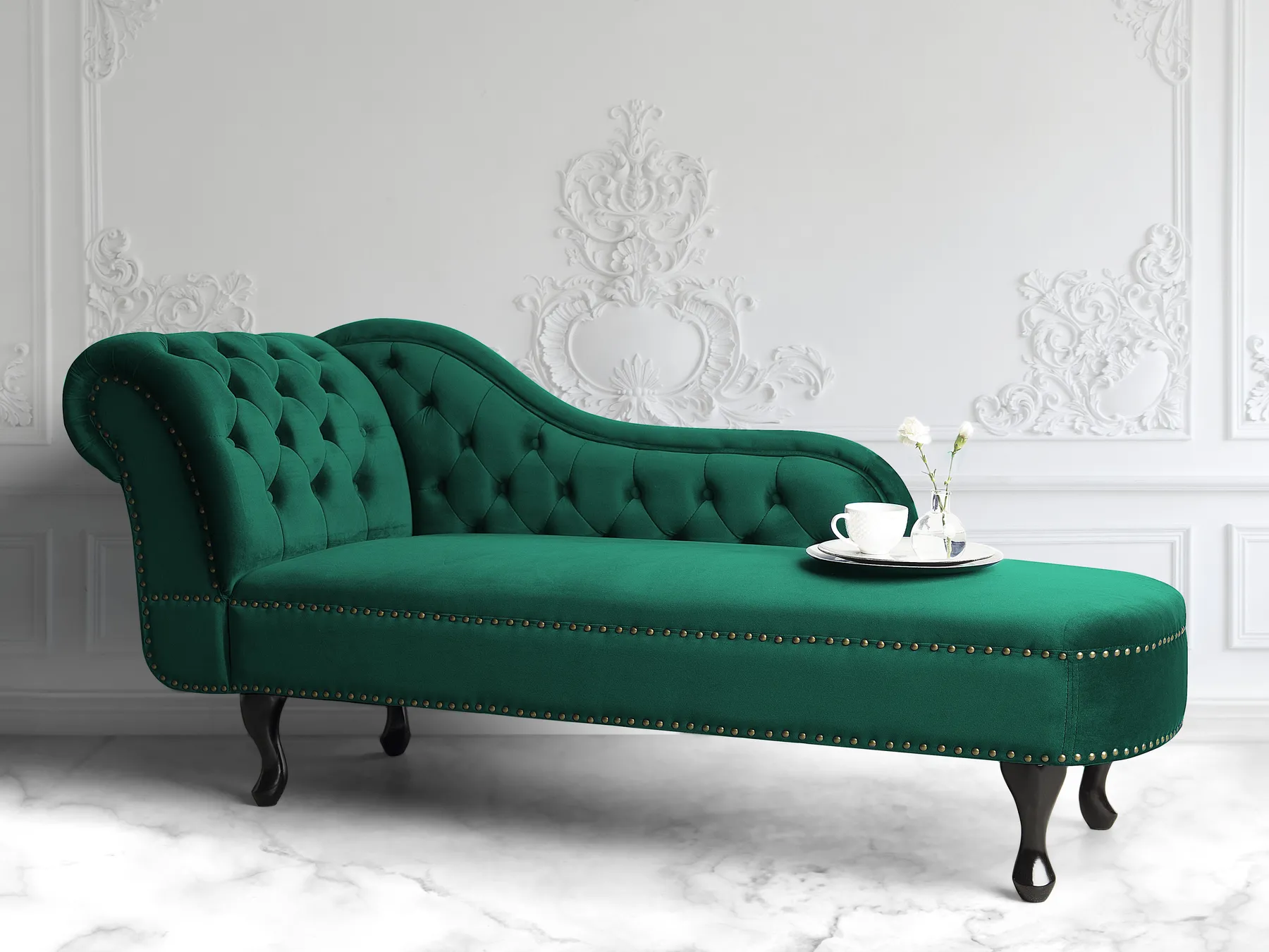 Left-Hand Chaise Longue NIMES Velvet Dark Green_805948