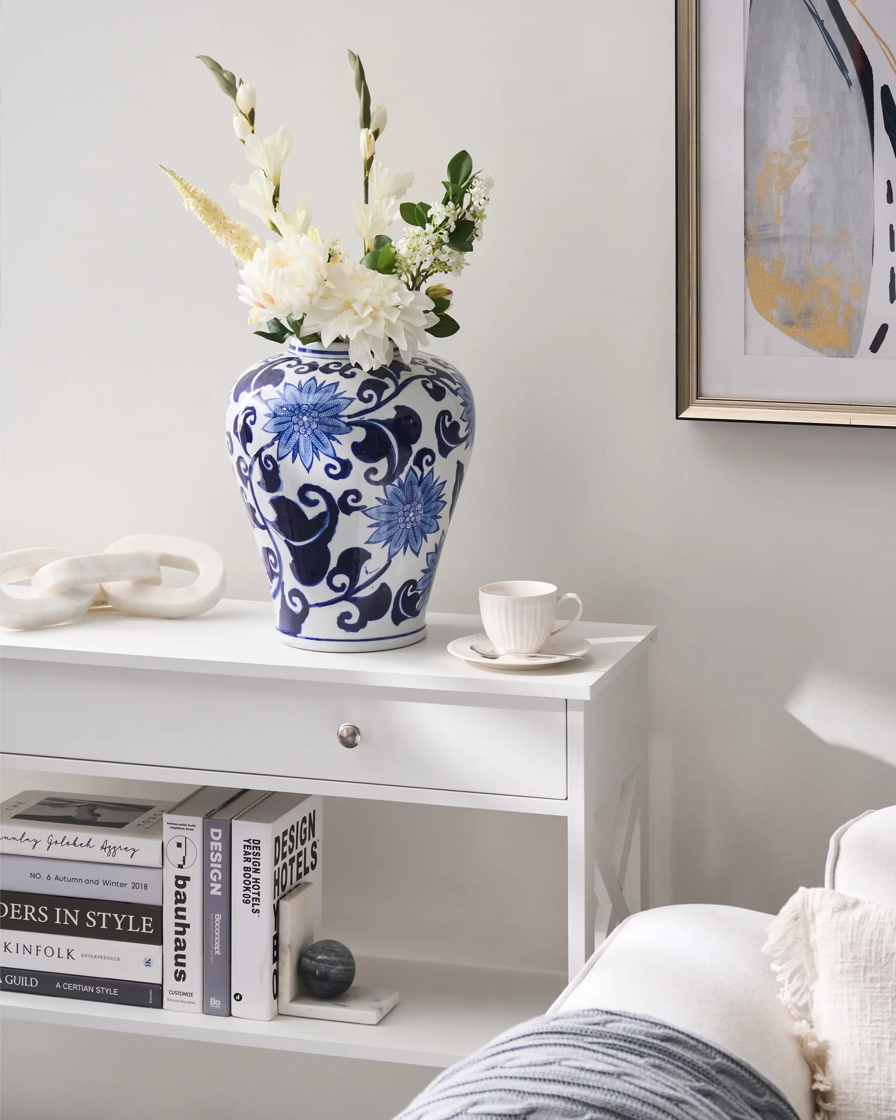 Wazon na kwiaty GIRONA 35 cm Porcelana Biały/ niebieski_1052804