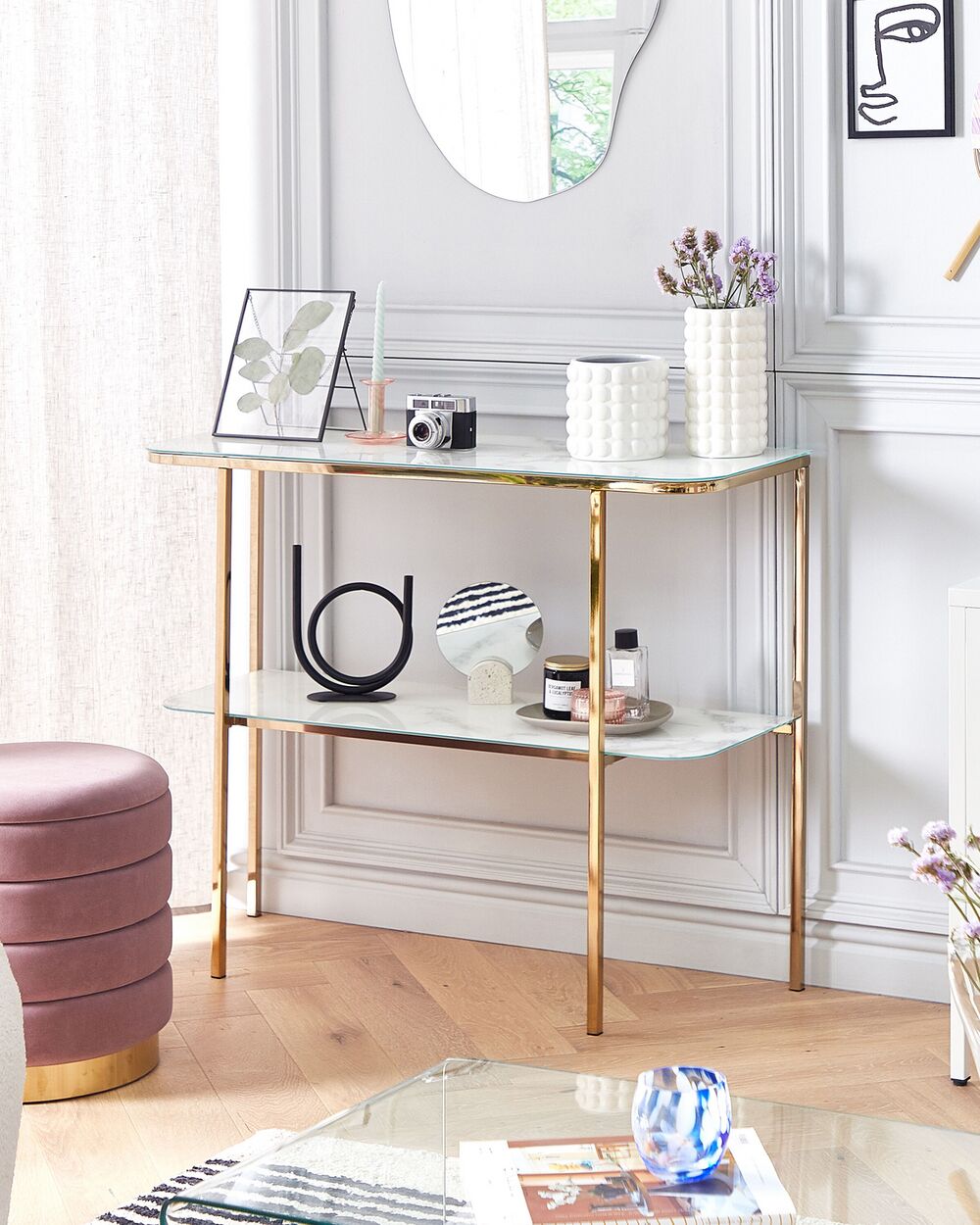 Console Table CALVERT Tempered Glass Marble/ Gold