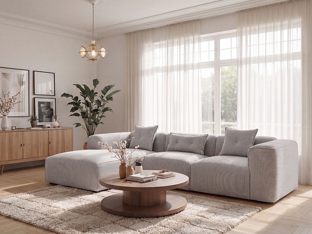 Ecksofa DOLVA Cord Hellgrau rechtsseitig