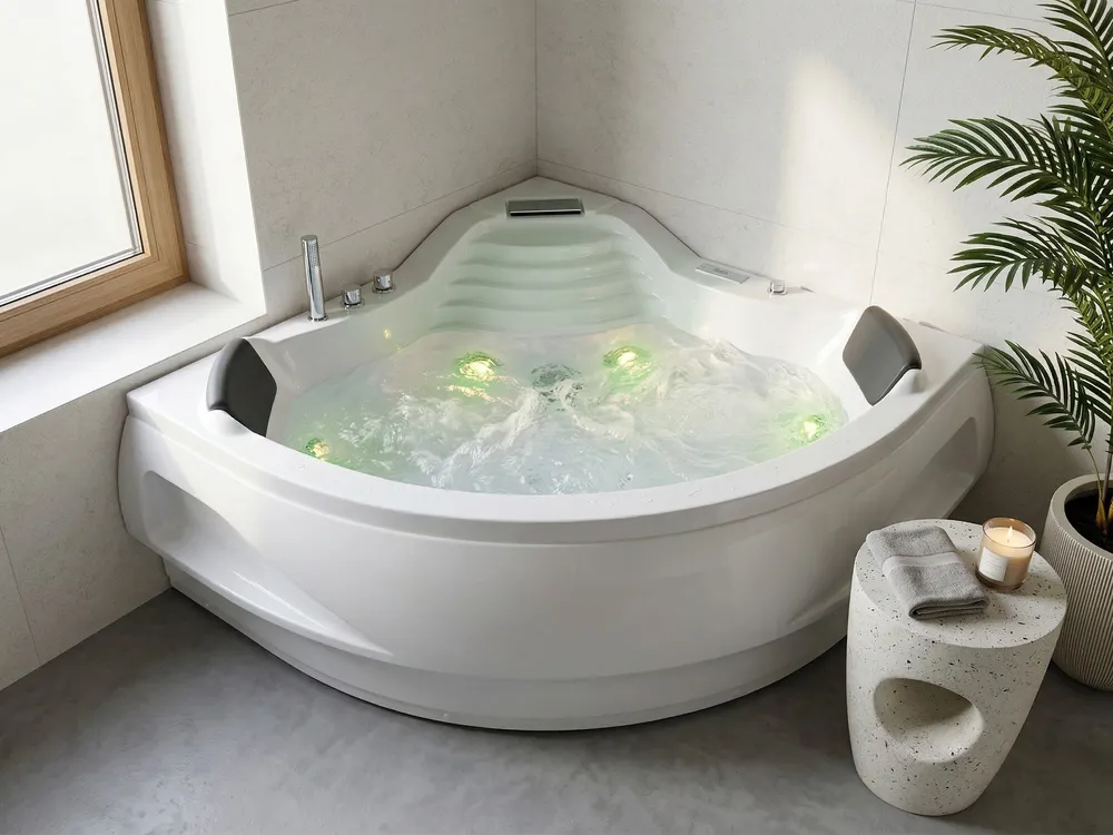 Corner Hot Tub with LED MONACO 2100 x 1450 mm with Built-In Bluetooth Speaker White