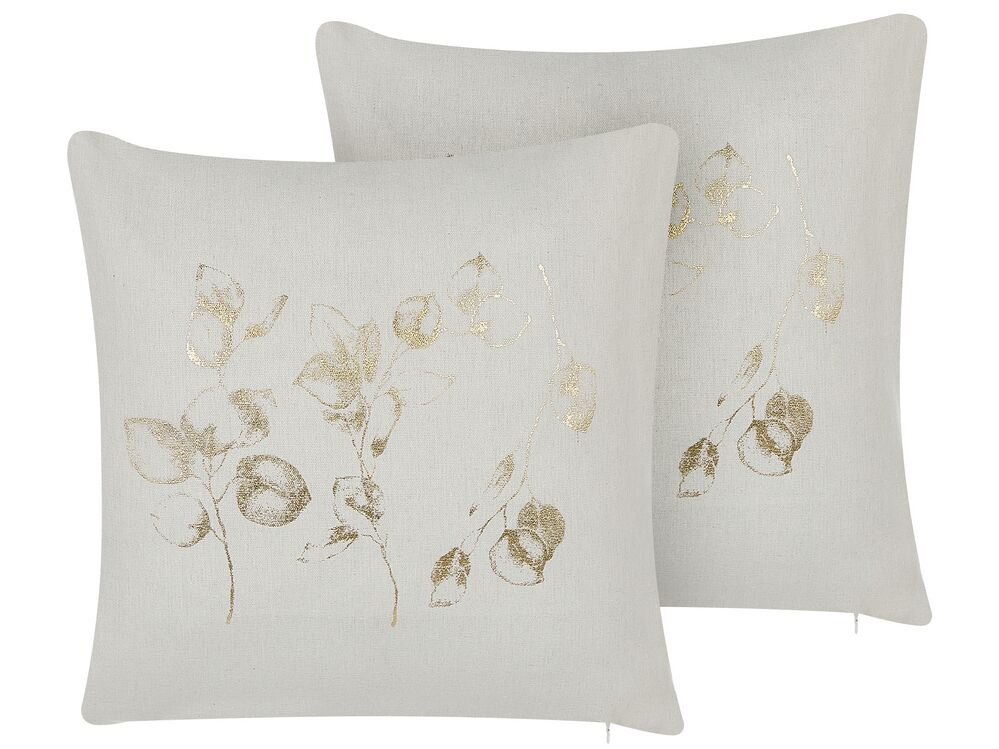 Set of 2 Decorative Cushions GOMPHRENA 45 x 45 cm Light Beige Plant Pattern