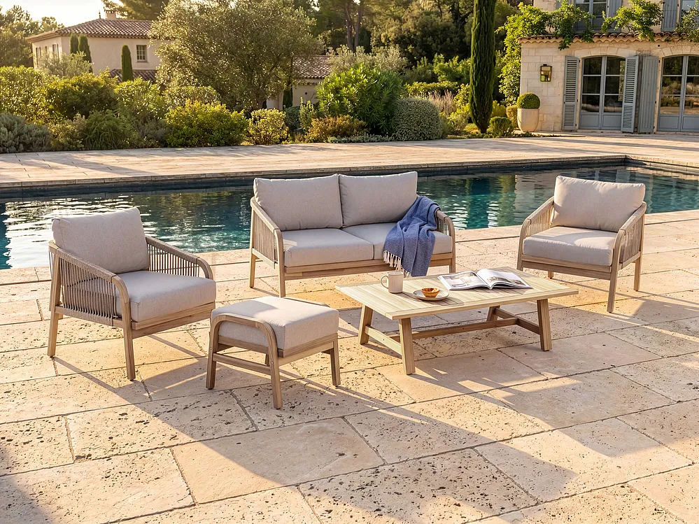 Lounge Set mit Tisch und Ottomane 4-Sitzer SUMBA Akazienholz Hellbraun_1159127