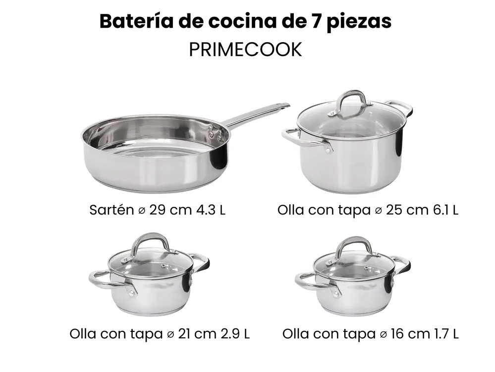 Batería de cocina de 7 piezas PRIMECOOK Acero inoxidable Plateado_1051153