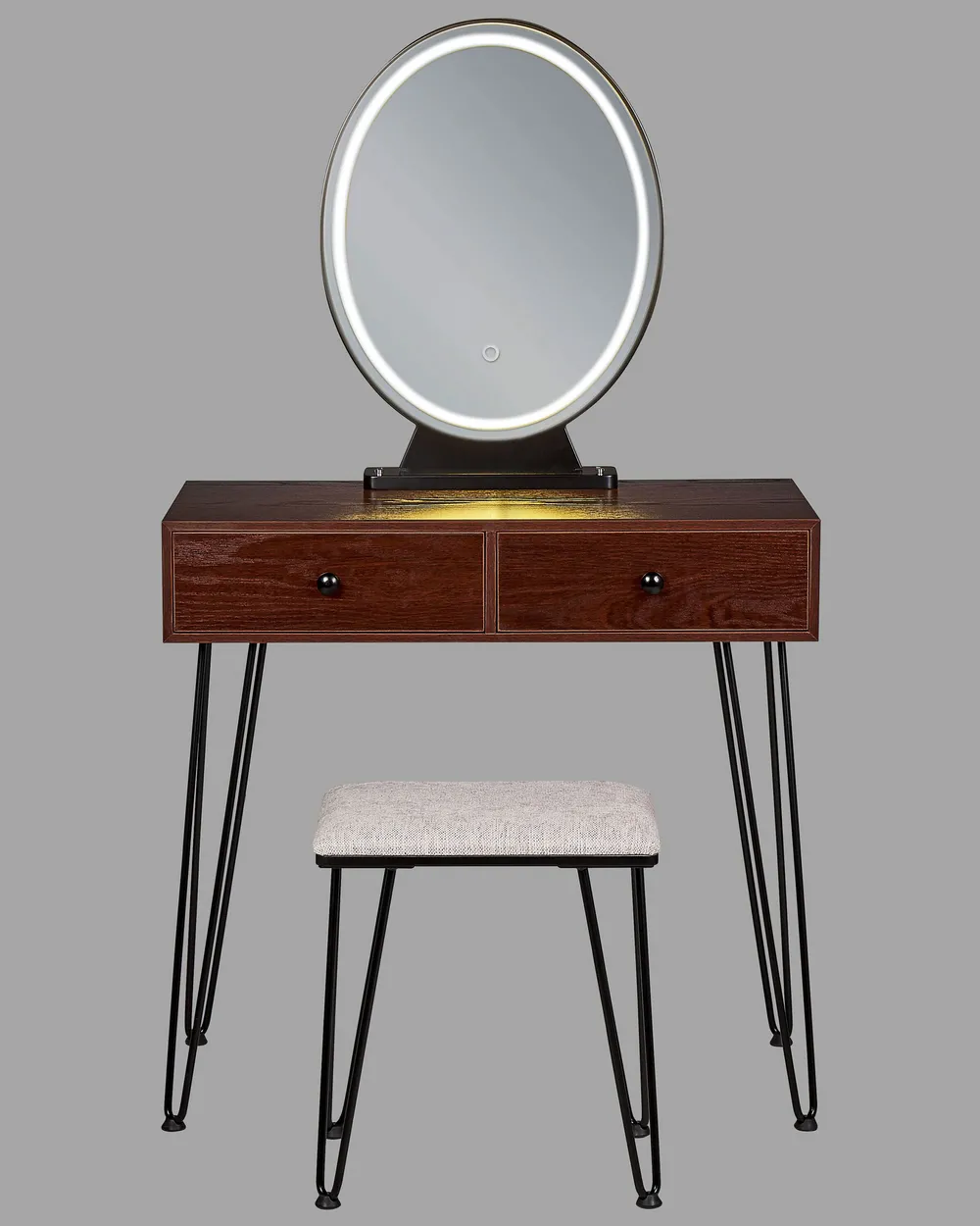 Dressing Table with Mirror and Stool LOIX LED Dark Brown
