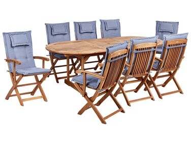 8 Seater Acacia Wood Garden Dining Set with Blue Cushions MAUI II