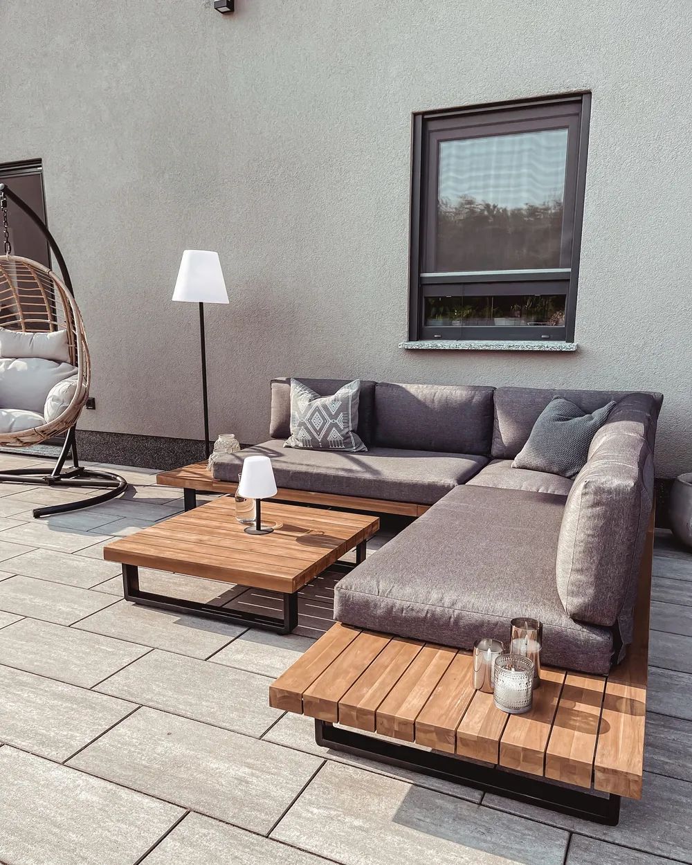 Set di divani angolari da giardino 5 posti MYKONOS Legno di acacia certificato Grigio scuro Lato destro_827362