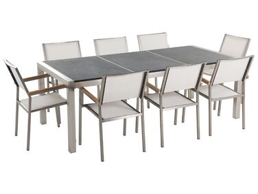 Conjunto de jardín mesa con tablero de piedra natural negro curtido 220 cm, 8 sillas blancas GROSSETO 