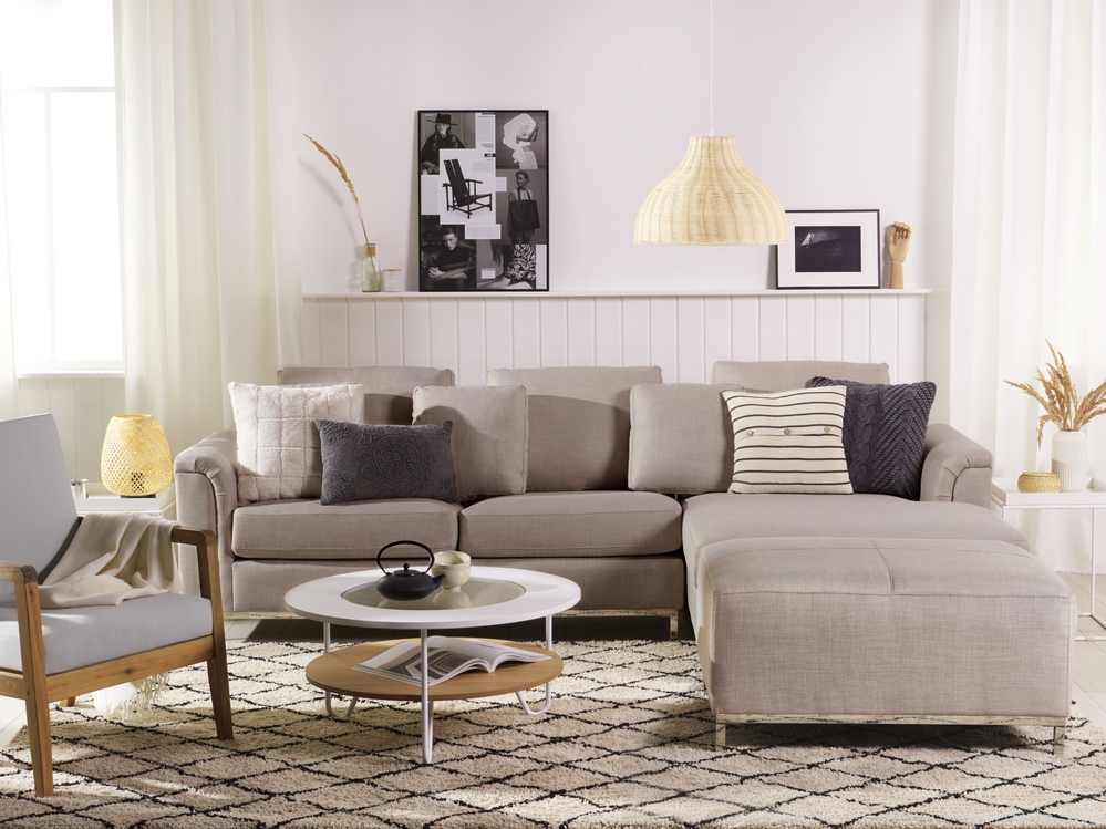 Left Hand Fabric Corner Sofa with Ottoman Beige OSLO Beliani