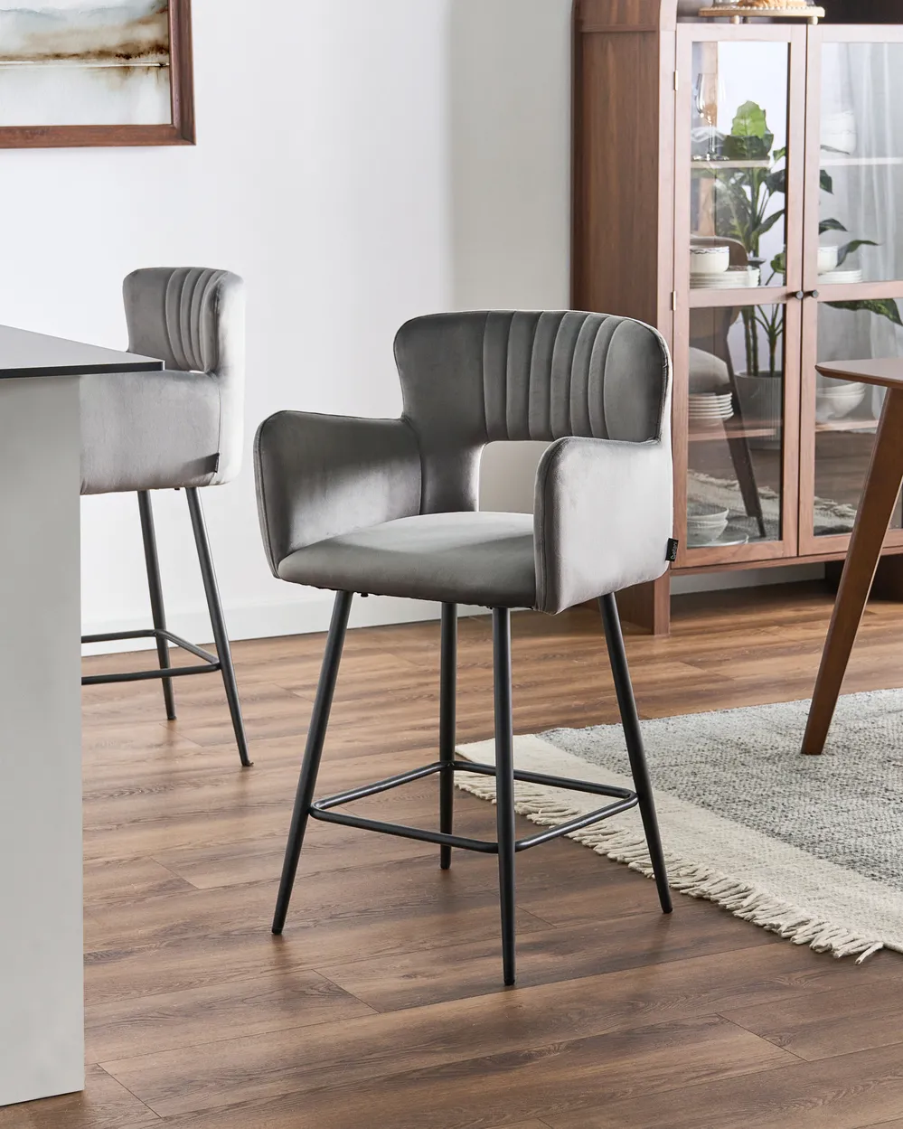 Set of 2 Bar Chairs SANILAC Velvet Light Grey_1107820