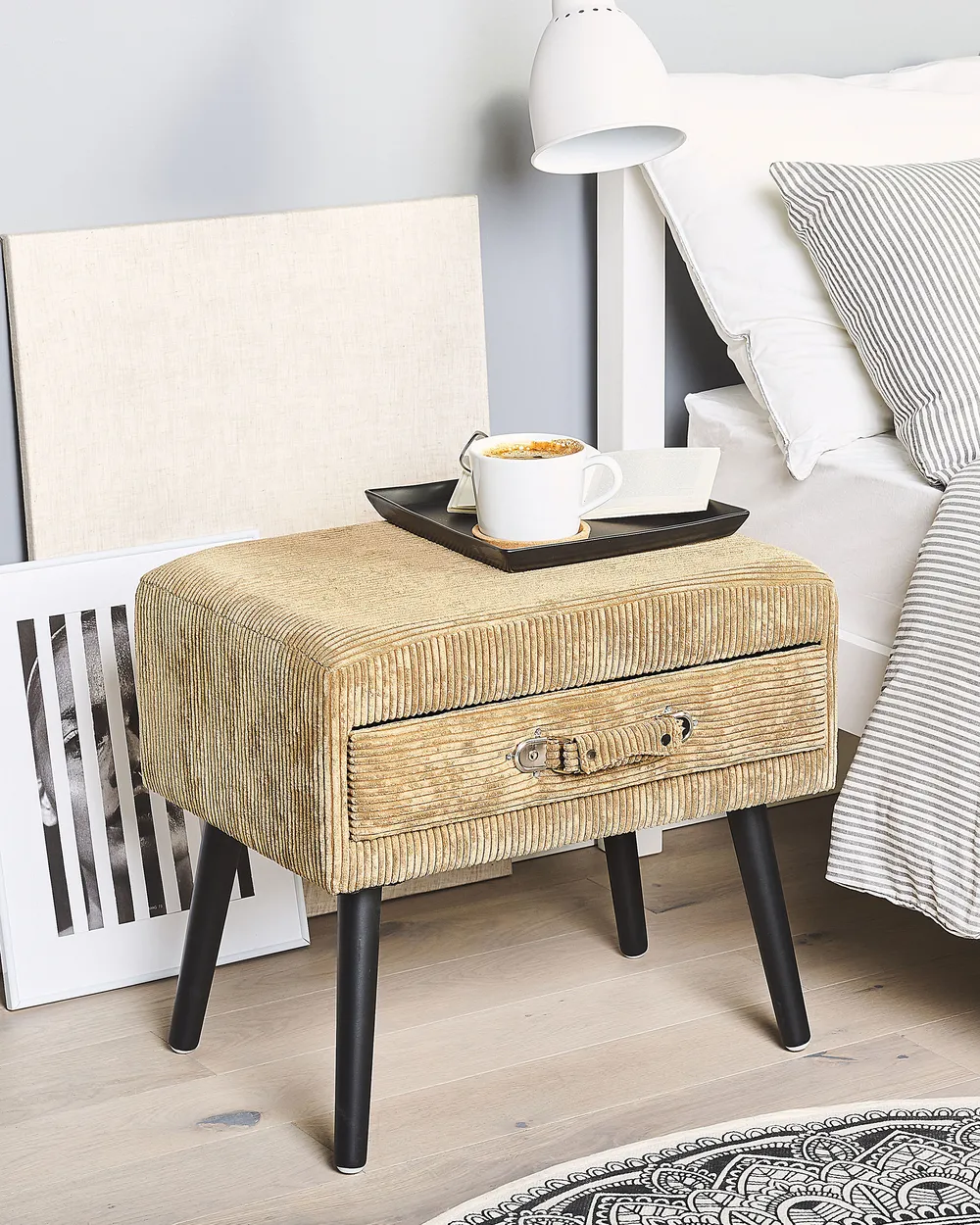 1 Drawer Bedside Table EUROSTAR Corduroy Dark Beige