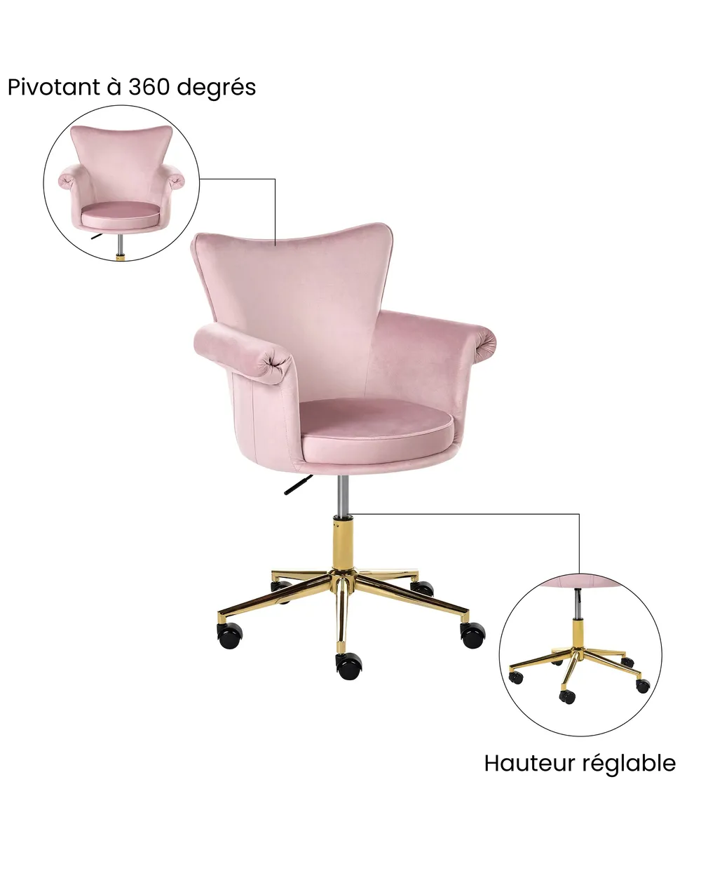 Chaise de bureau VELENCIA Velours Rose pastel_1065148
