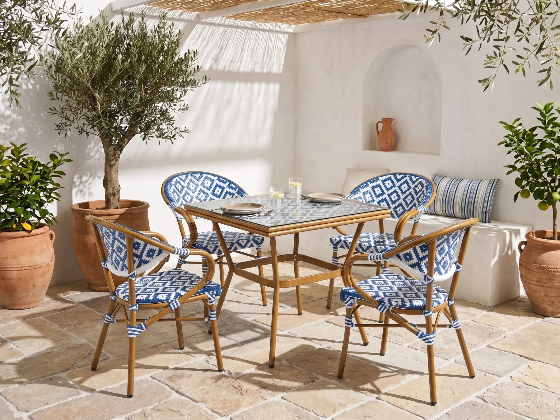 Garden Dining Set 4 Seater CASPRI PE Rattan Blue/ White_1090686