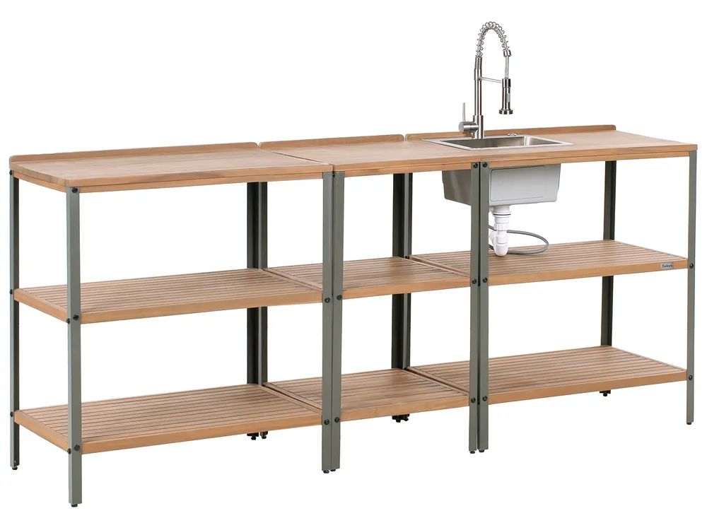 3 Piece Outdoor Kitchen Set with Sink IVREA Brown/ Silver Certified Acacia Wood