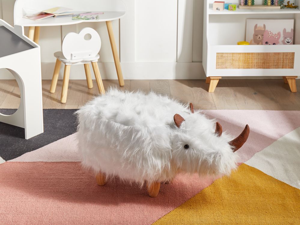 Animal Stool WOOLLY Rhino Faux Fur White