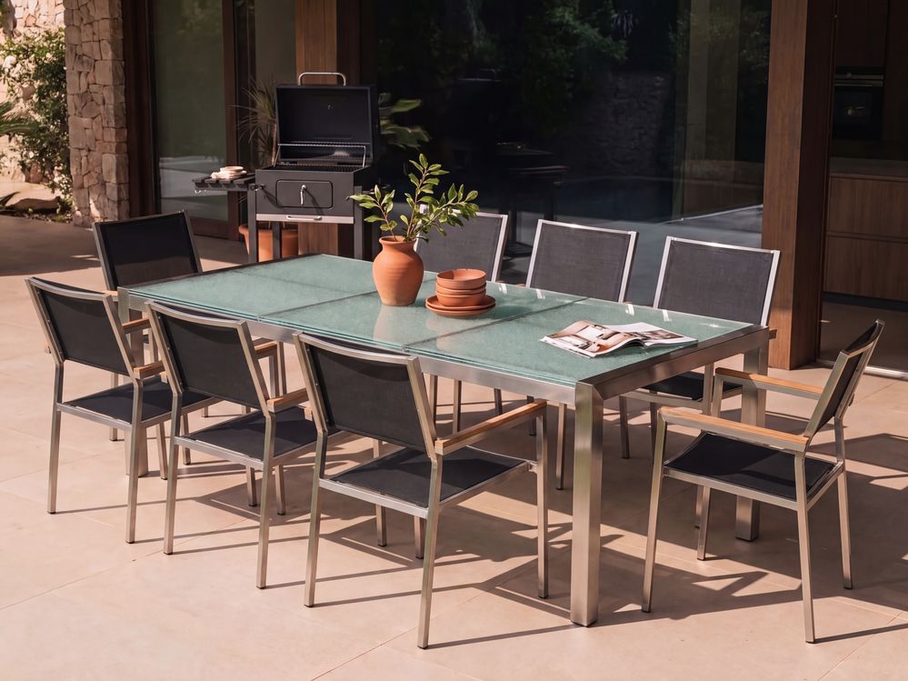 Garden Dining Set 8 Seater GROSSETO Cracked Glass Transparent/ Black