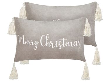Conjunto de 2 almofadas decorativas com franjas e padrão natalício em veludo cinzento 30 x 50 cm LITHOPS