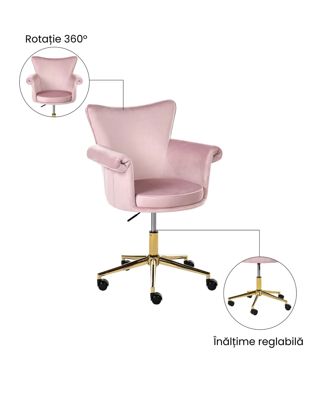 Scaun de birou VELENCIA Catifea Roz pastel_1065148