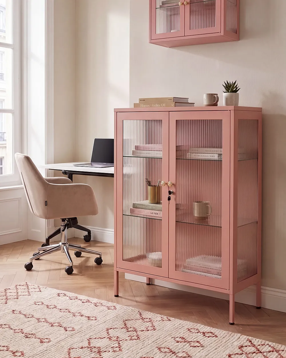 Vetrina in vetro HARLYN  90 cm Metallo Rosa pesca