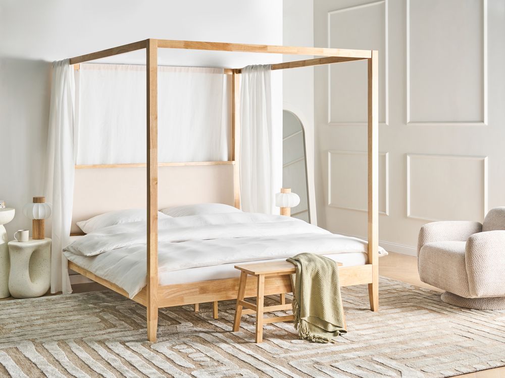 Four Poster Bed Wood HAILLICOURT 180 x 200 cm (EU Super King) Light Brown