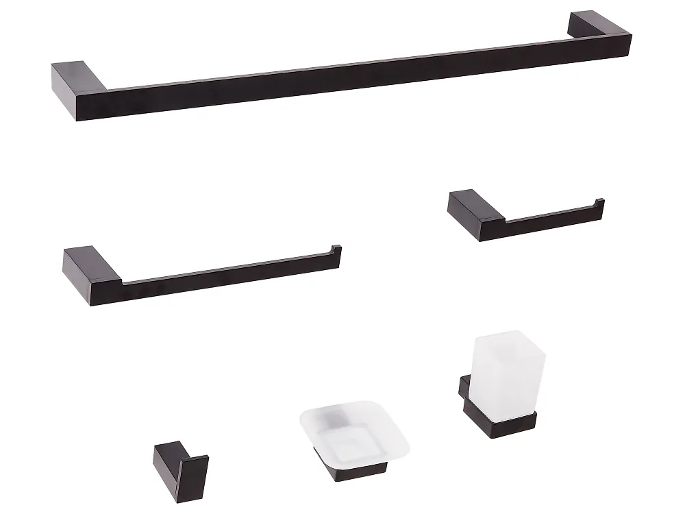 4-teiliges Badezimmer-Set Mattschwarz – Handtuchring, Stange, Toilettenpapierhalter & Haken