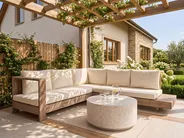 Garden Corner Sofa 5 Seater MARETTIMO Certified Acacia Wood Off-White Right Hand_1081711