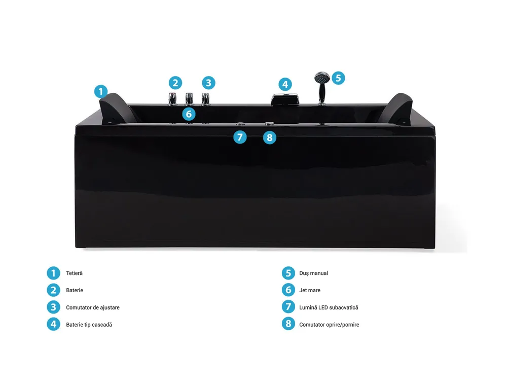 Cadă de colț LED cu hidromasaj VARADERO 183 x 90 cm Negru Dreapta_787094