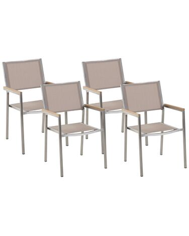 Conjunto de 4 sillas de jardín de poliéster/acero beige arena/plateado/madera clara GROSSETO