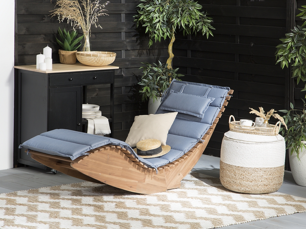 Wooden Garden Sun Lounger with Cushion Blue BRESCIA Beliani.cz
